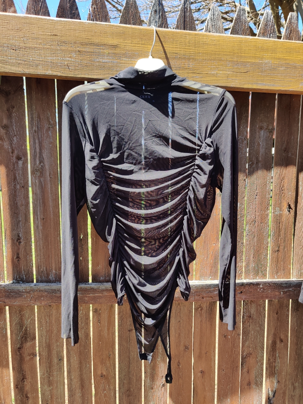 Women’s Sheer Black Ruched Long-Sleeve Bodysuit